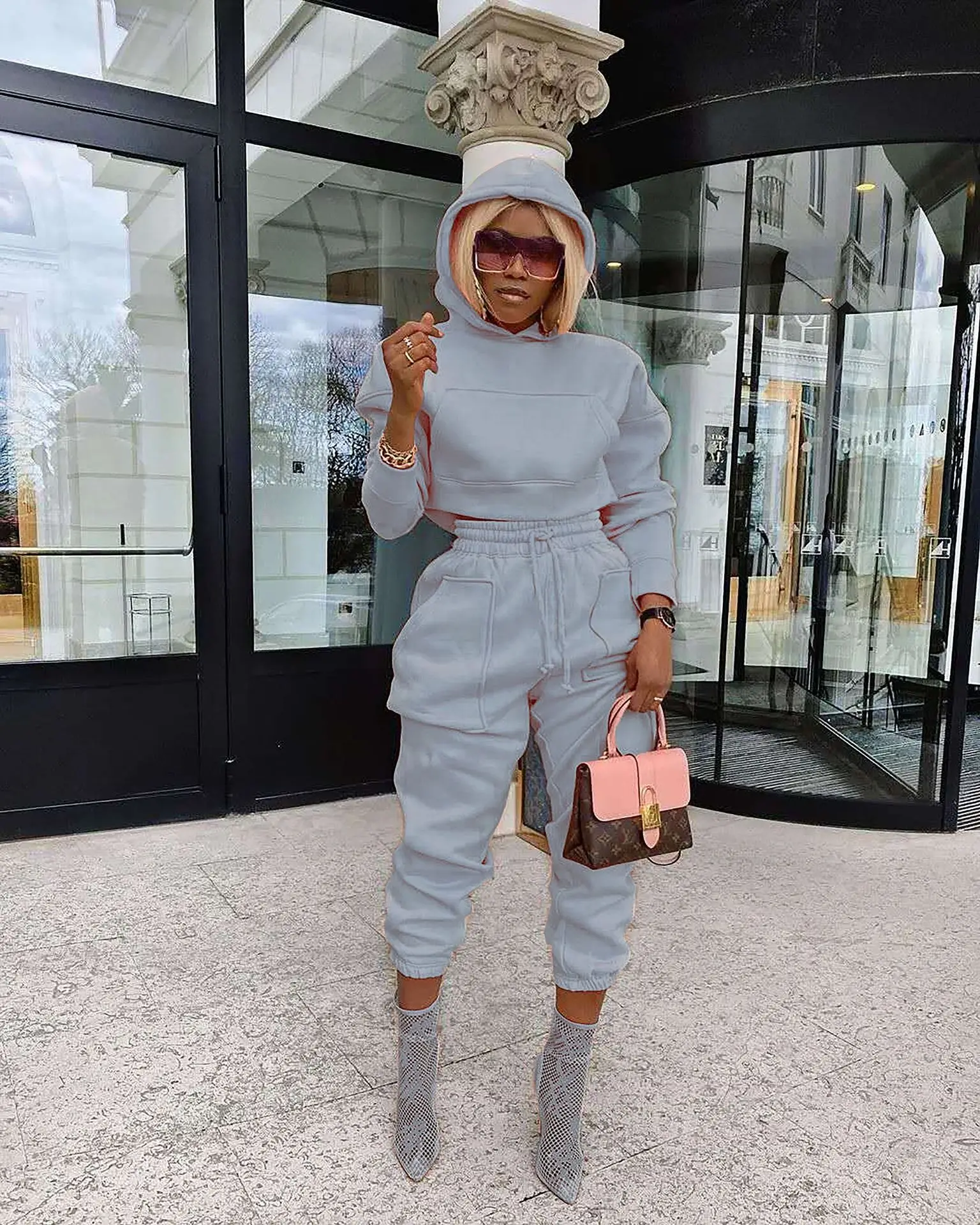 

Casual Solid Women 2PCS Spring 2021 Hooded Neck Long Sleeves Sports Tops+High Waist Drawstring Straight Pants Sport Outfits