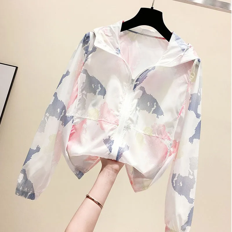 

Smlinan Summer Women Basic Hooded Windbreaker Jacket Outerwear New Zipper Print Plus Size Jacket Casual Harajuku Short Coat
