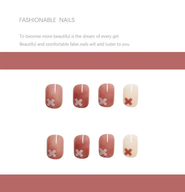

24pcs Small Floral Printed Nails Patch Nude Color Glue Type Short Paragraph Removable Fashion Manicure False Nails Patch