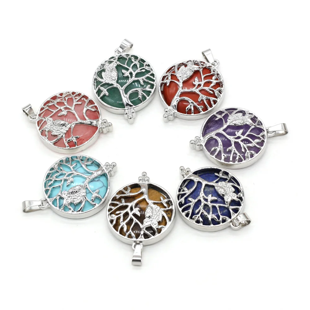 

Natural Stone Pendant Alloy Life Tree Round Crystal Agates Amethysts Stone Charms for Jewelry Making Necklace Bracelet Gift