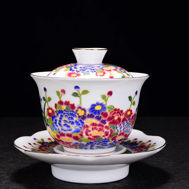 

200ml Palace Luxury Enamel Ceramic Gaiwan Teacup Hand Painted Flower Pattern Tea Tureen Travel Tea Bowl Home Teaware Drinkware