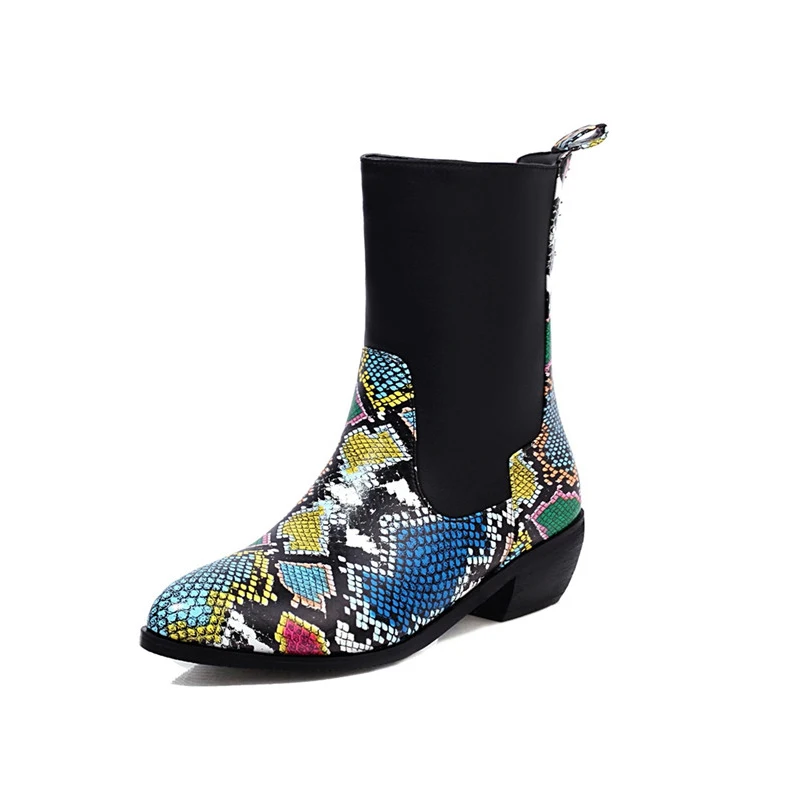 

ANNYMOLI Med Heel Woman Boots Snake Print Ankle Boots Chunky Heel Shoes Round Toe Short Boots Ladies Autumn Winter Black Size 46