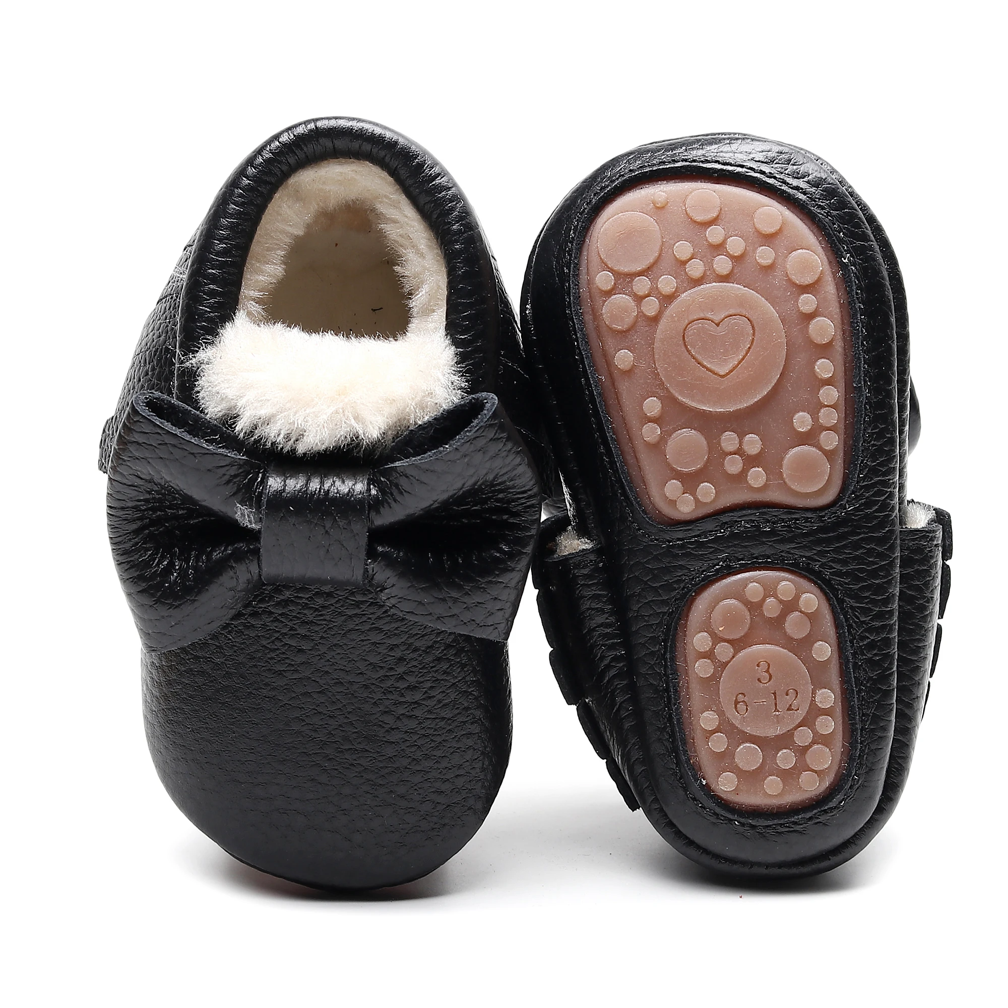 

2020 Baby Winter Moccasins Shoes Fringe Big Bow Girls Uniform Shoes Genuine Leather Thick Fur Hard Rubber Sole Infant Handmade