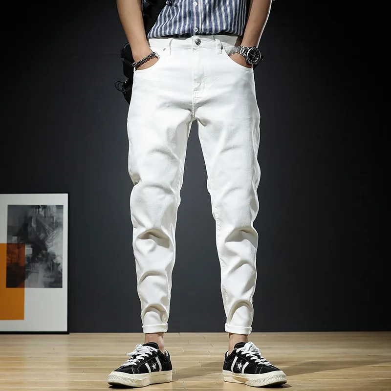 Summer Men Jeans White Pants Streetwear Slim Fit Stretch Denim Trousers Fashion Letter Printed Pantalones Hombre Vaqueros Ropa