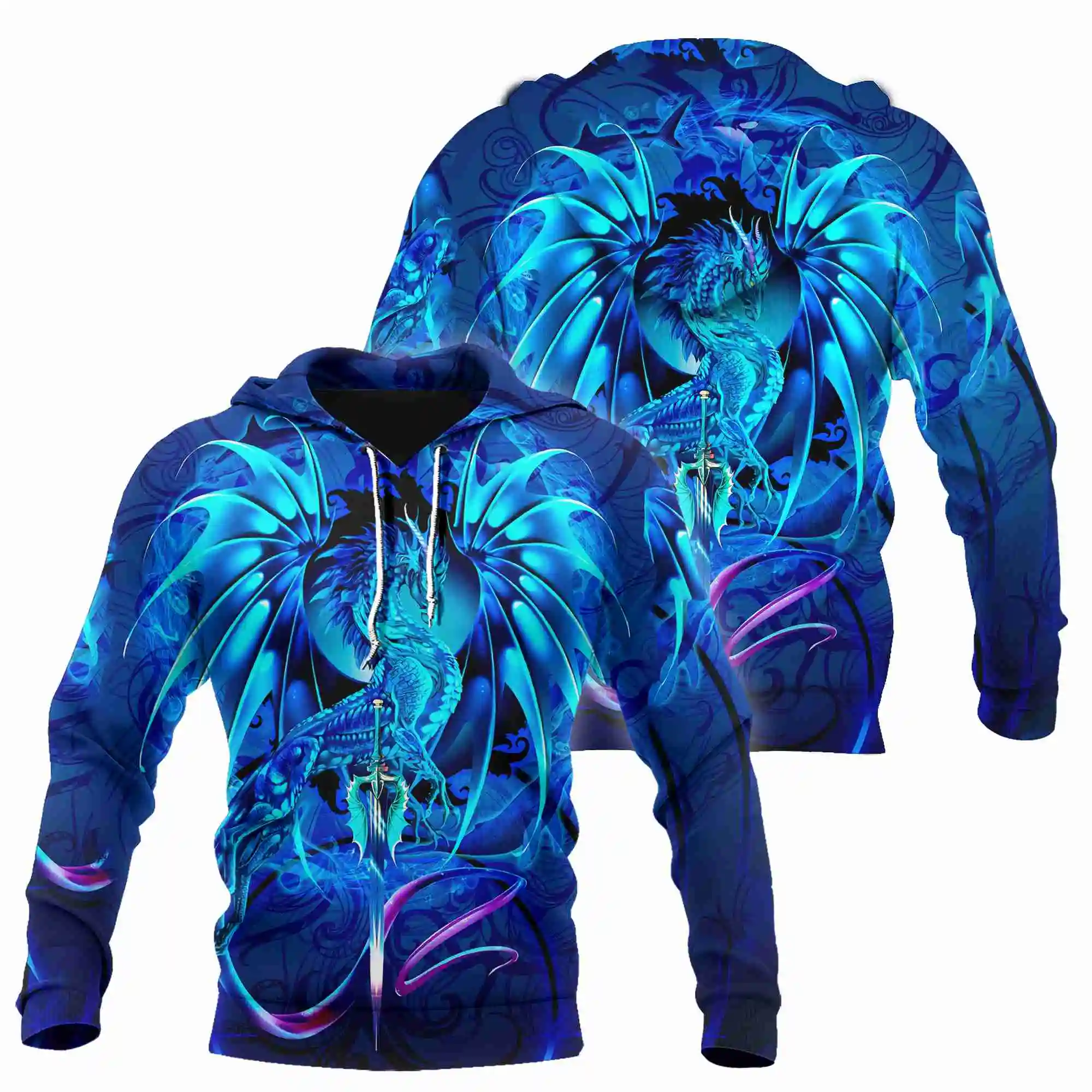 

2021 spring and autumn digital printing men's hoodie dragon black shiny sports style hoodie sweatshirt men's plus size XXS-7XL