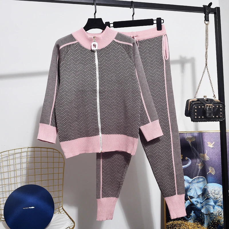 2020 Spring New Hit color Stripe Women Fashion Knitted Cardigan Coat + Casual Little feet Pants Ladies Two Piece Set Tide H002