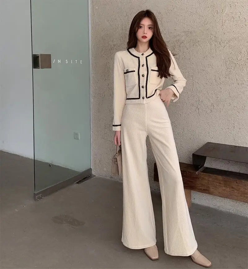 

Spring Autumn Vintage Corduroy 2 Piece Sets Women Outfit Elegant Coat High Waist Wide Leg Pants Suit Ladies Korea Clothing