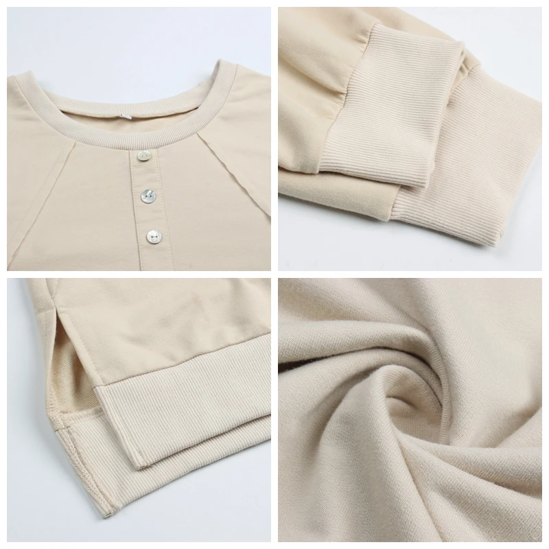 

Button Casual Women Sweatshirt 2021 Autumn Winer New Basic Loose Long Sleeve Pullover Sweatshirt Ladies Solid O Neck Cotton