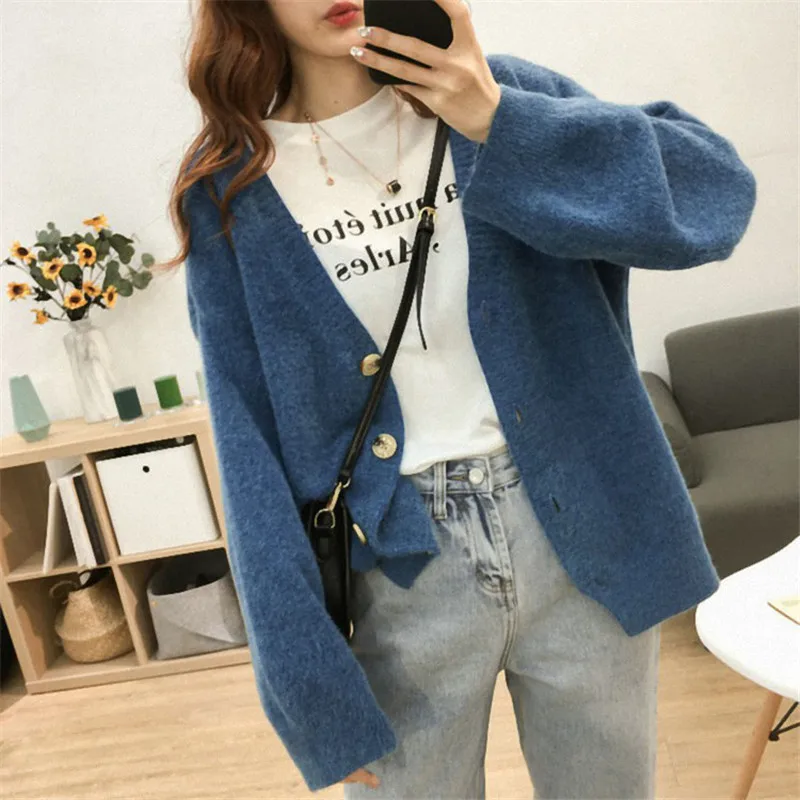

Knitted Sweater Women Loose Pink Cardigans 2020 Autumn Winter New Korean Fashion V Neck Slim Long Sleeve Sweaters Feminina LJ055