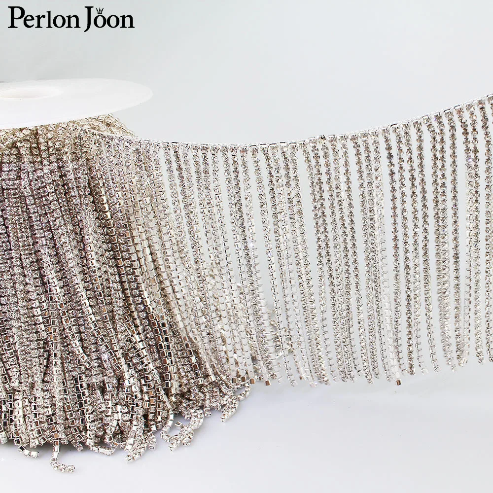 1 yard Long tassel crystal rhinestone trim Silver crystal decorative metal chain clothing accessories ML074