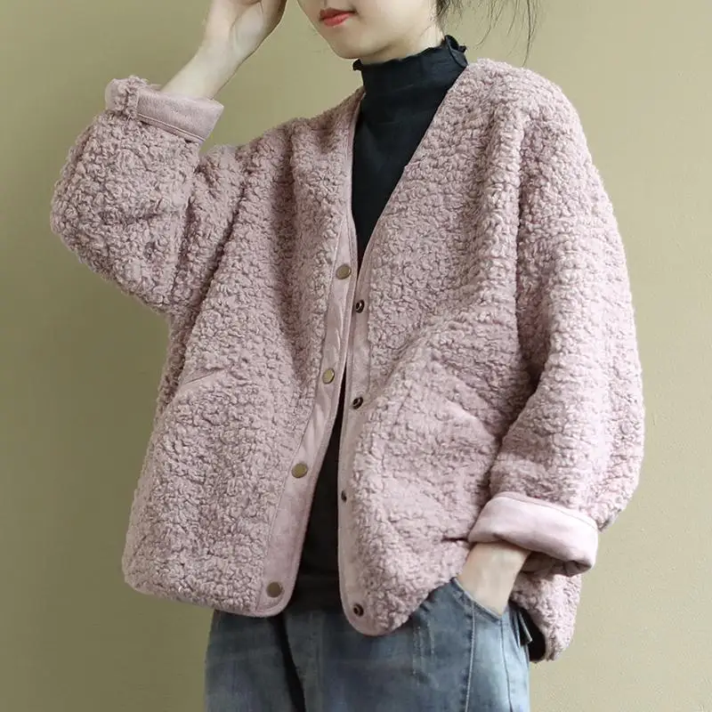 Winter Women Wool Plus Size Coat Loose All-Match Casual Pocket Pink Chic Fleece Shaggy Warm Overcoat Single Breasted Outwear