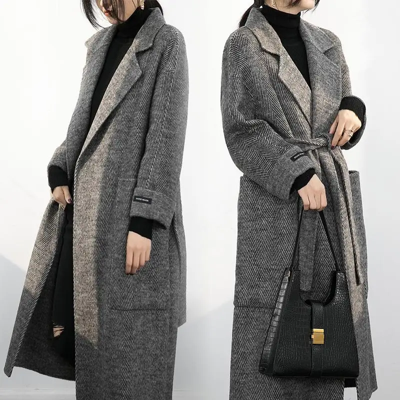 

2021 Women Autumn Winter New Loose Cashmere Trench Jackets Female Long Casual Plaid Coat Ladies Warm Woolen Pocket Outwear Q583