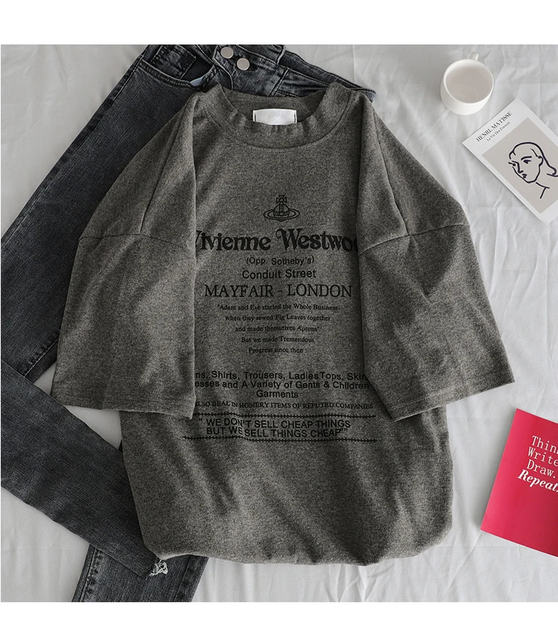 Серая футболка в стиле Hong Kong для девочек Харадзюку свободная с короткими