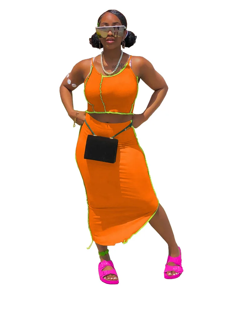 

SSEURAT Patchwork Slit Midi Maxi Skirts Set for Women Tracksuit Fashion Tank Tops Matching Two Piece Set Outfits 2021