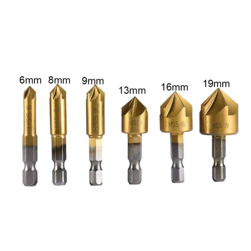 

6pcs Hex Shank Ive-edge Chamfering Cutter Drill For Aluminum Board Woodworking