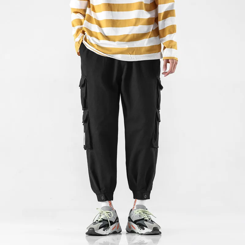 

Men Casual Cargo Pants Solid Pockets Ankle-length Elastic Waist Fashion Streetwear All-match Korean Style Simple Chic Loose