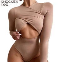 2022 women bodysuit cropped cross hollow out v neck slim high waist bodycon sexy long sleeve fashion party clubwear jumpsuit
