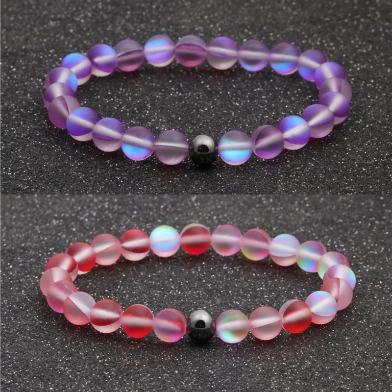 

Round Mystic Rainbow Glass Beaded Stretch Bracelet 8mm Matte Moonstone Beads Elastic Bracelet Wristband Women Jewelry
