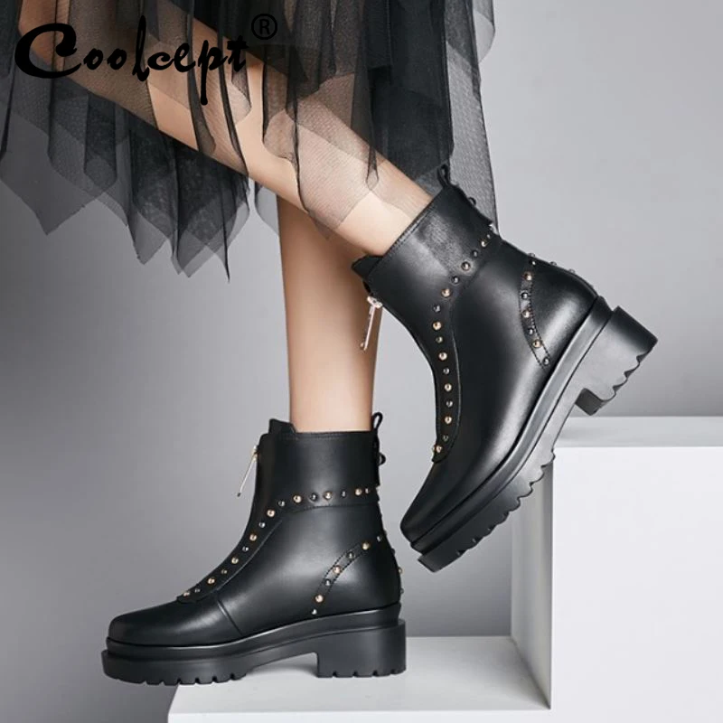 

Coolcept Women Genuine Leather Ankle Boots Zipper Rivets Thick Sole Shoes Fashion Punk Women Winter Warm Footwear Size 34-39
