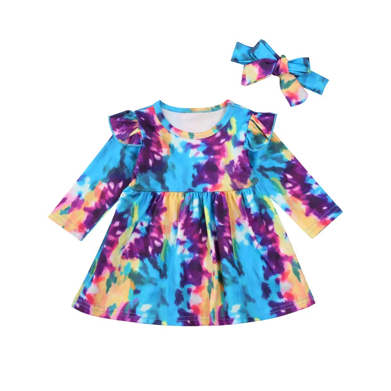 

Лидер продаж, Детский комплект из 2 предметов, платье с оборками и галстуком-краской платье с длинными рукавами и круглым вырезом для малень...