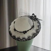 2021 new big brim white women wedding hats with black lace on edge velvet decoration retro formal hat chapeau ceremonie mariage