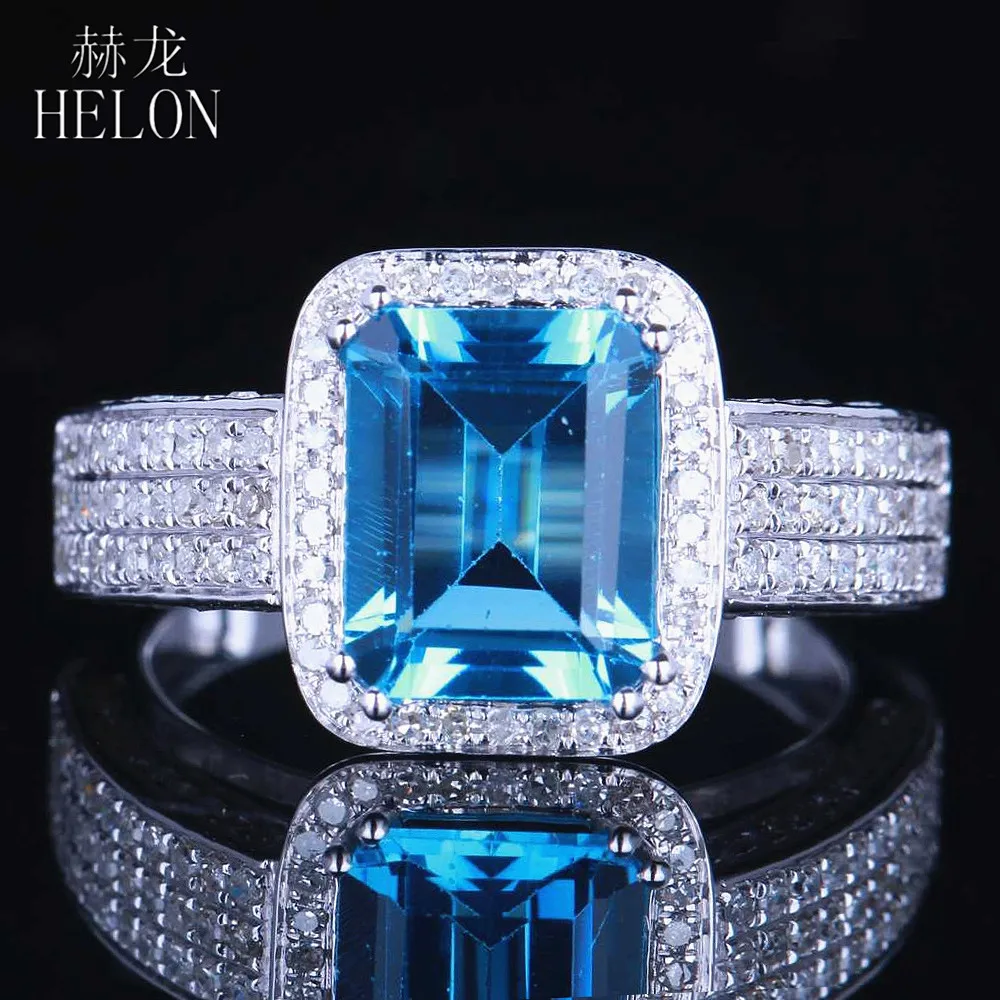 

HELON Solid 14K White Gold Certified Emerald Cut 9x7MM Natural Blue Topaz Real Diamonds Engagement Ring Women Wedding Jewelry