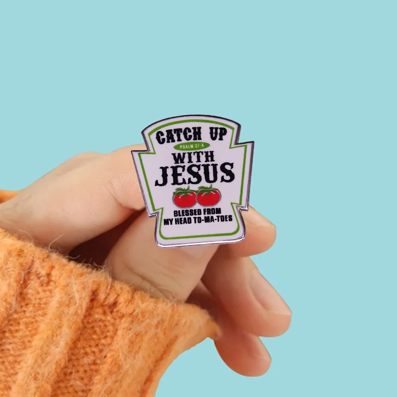 Веселая эмалированная булавка для томатов с Иисусом кетчупом новый дизайн