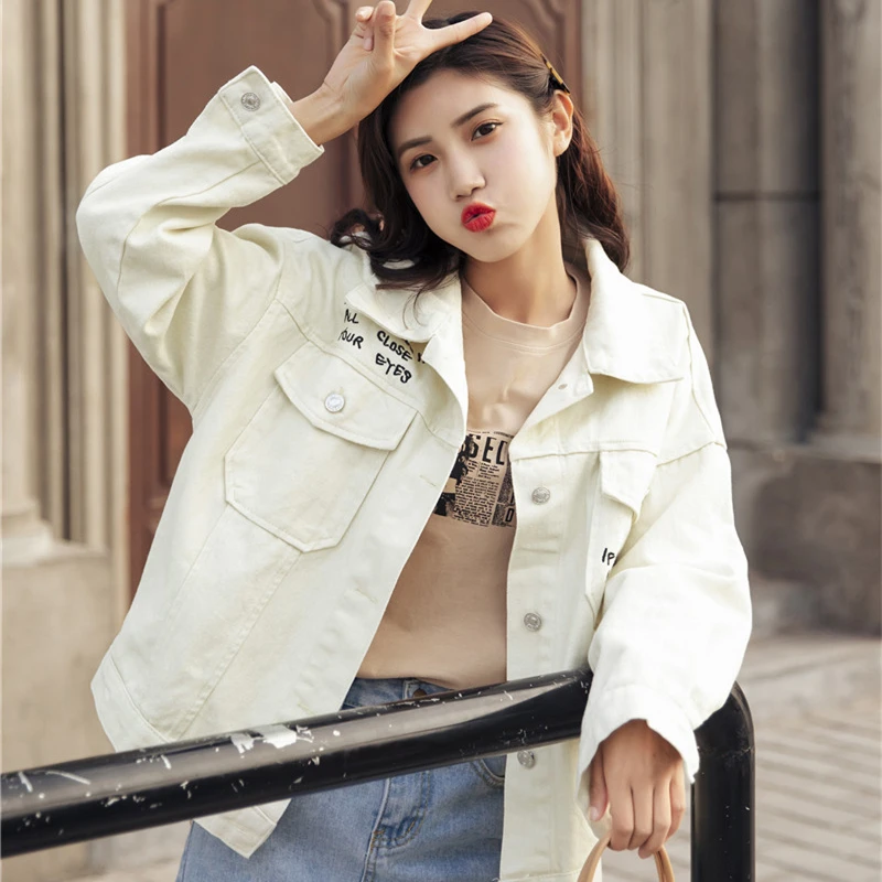 

Yellow Denim Jacket Women 2020 New Spring Autumn Letter Printed Fashion Jacket Basic Denim Coat Female Single-Breasted Outerwear