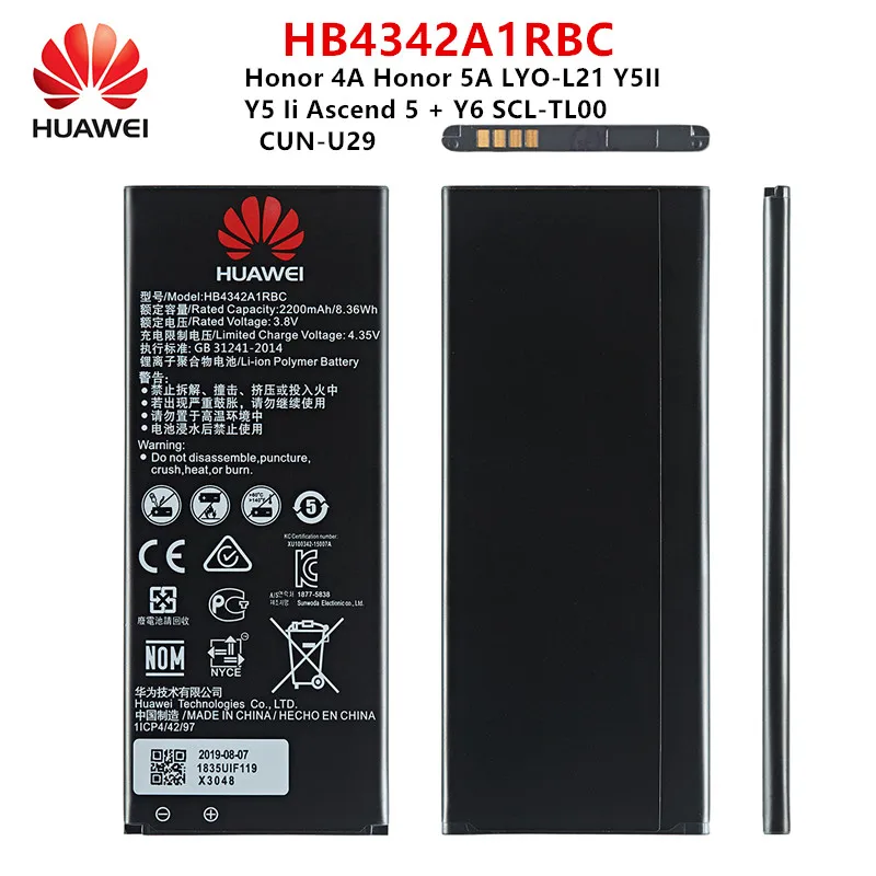 Hua Wei 100% Originale HB4342A1RBC 2200mAh Batteria Per Huawei Honor 4A Honor 5A LYO-L21 Y5II Ascend 5 + Y6 SCL-TL00 CUN-U29