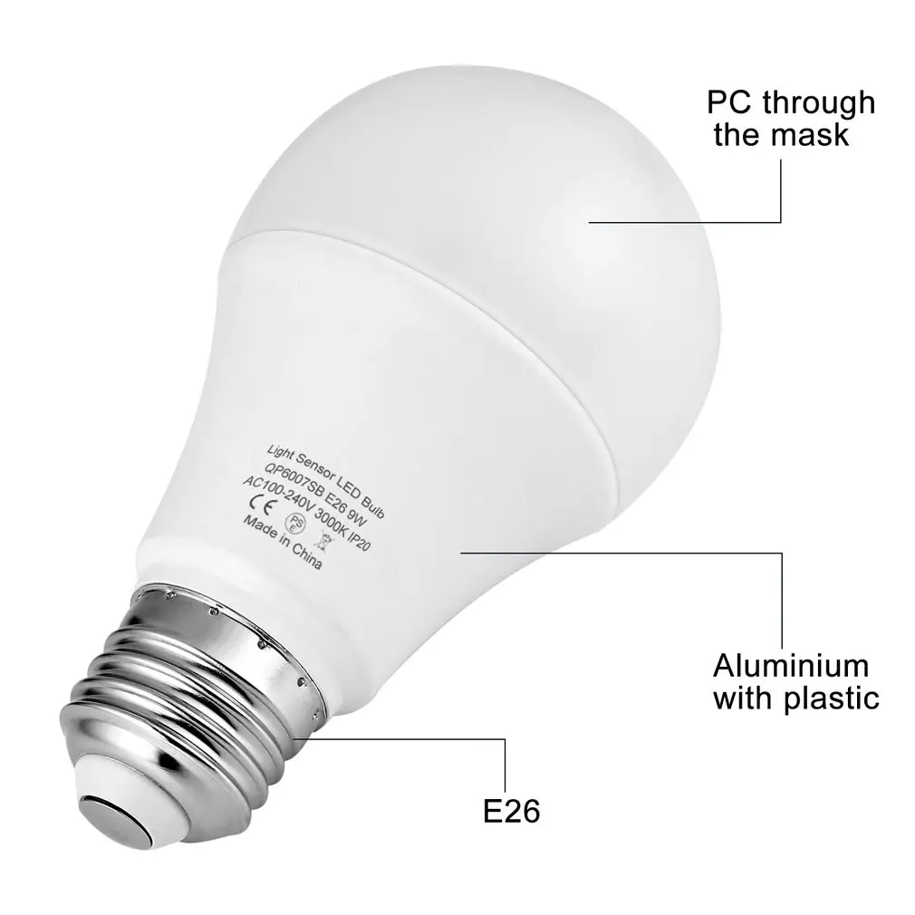 

2/6pcs 9W E26 Intelligent Light Sensor LED Bulb 3000K with Auto Switch Outdoor/Indoor Lamp Built-in Photosensor Detection