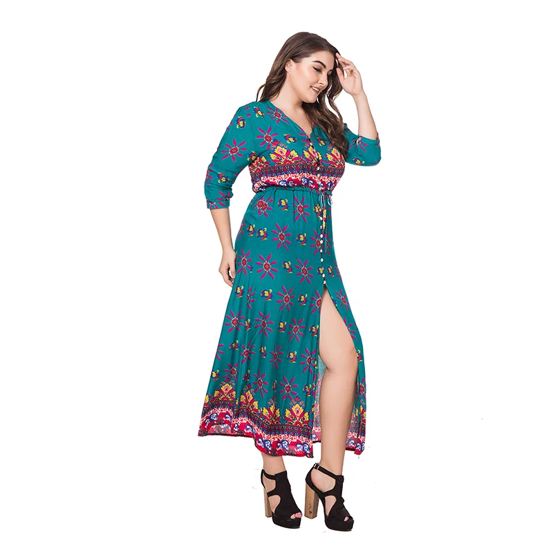Женское Макси Платье с разрезом спереди богемное пляжное платье цветочным