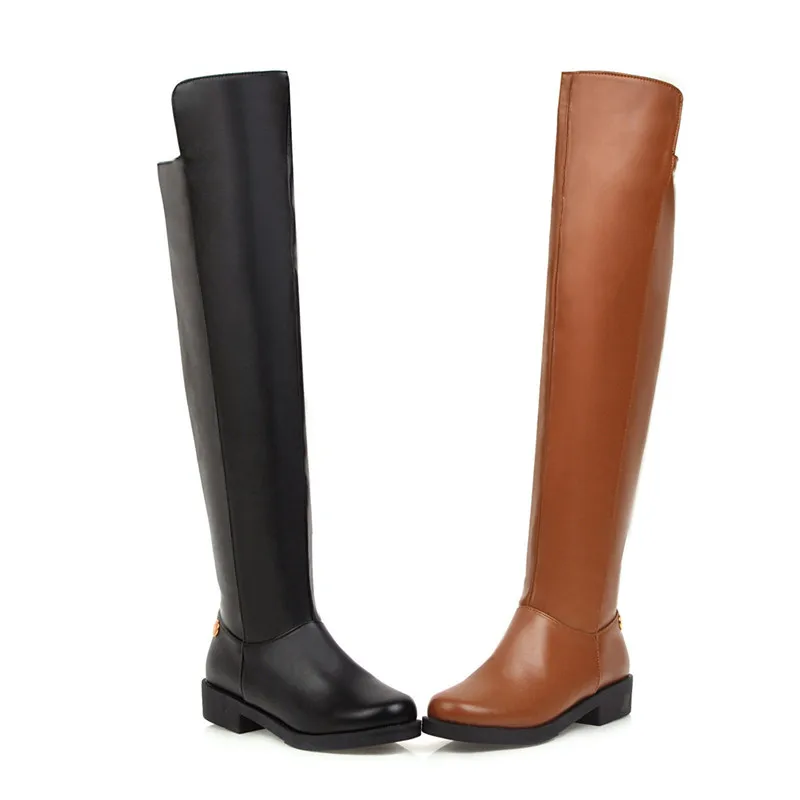 MoonMeek Big size 34-44 pu leather over the knee boots low heel round toe zipper women boots black brown winter women boots