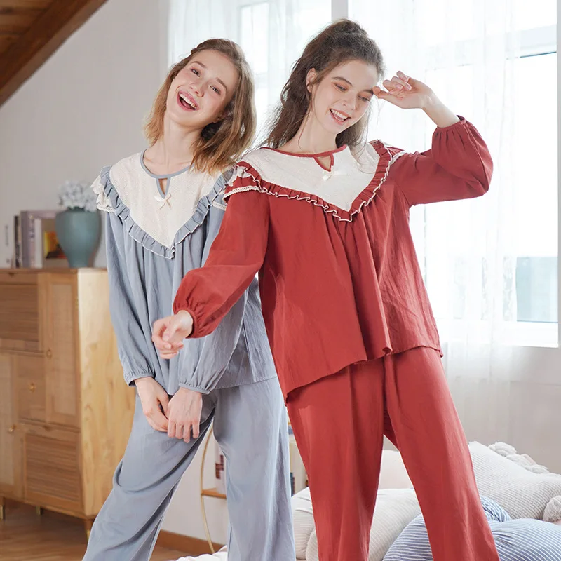 

Women's Sleepwear Cotton Soft Pajama Sets Lace Gown Long Sleeve Bow Nightgowns Set Autumn Female Pyjamas Pregnant woman Big size