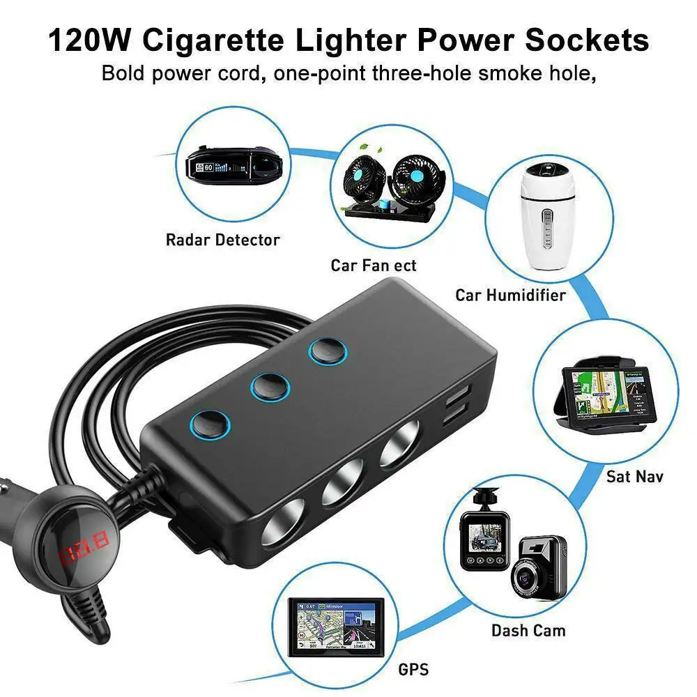 

ZK30 Car cigarette lighter car charger 3USB port + 1 QC3.0 + 3 cigarette lighter port + back clip design + LED display