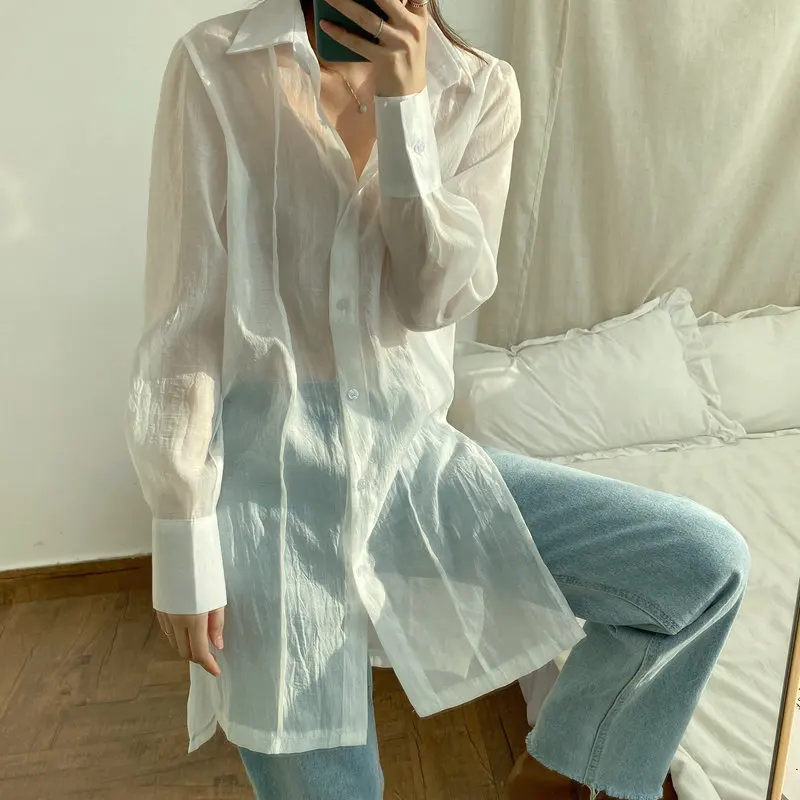 

Summer Mesh Split Light Sexy Basic Loose Long Sleeve Shirt Chic Hot All Match Streetwear Casual Women Loose Blouses