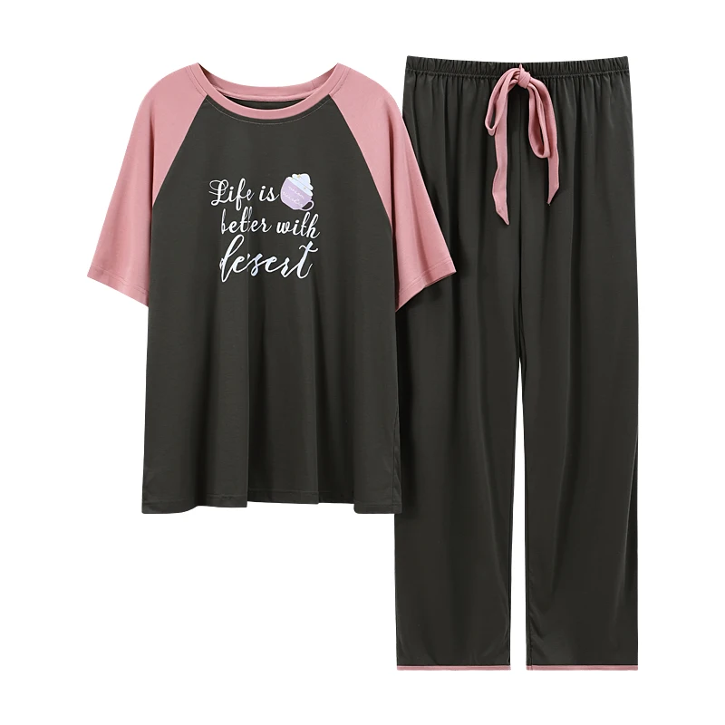 

Kawaii Print Sleepwear Leisure Plus Size Thin Nightwear Women Pajamas Korean Fashion Patchwork Full Cotton Short Sleeve Homewear