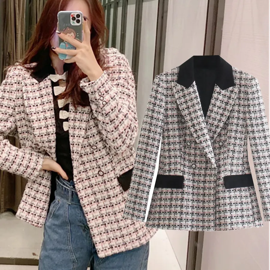 

Dave&Di England 2022 Women Blazers And Jackets Style Fashion Vintage Texture Patchwork Color contrast Blazer Mujer Blazer Women