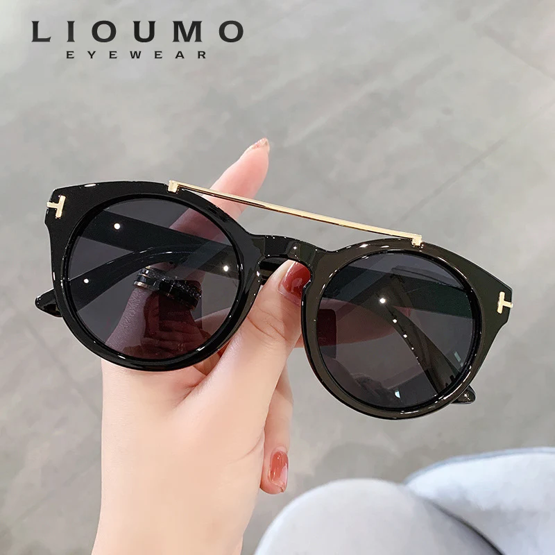 

LIOUMO Fashion Double Bridge Design Round Sunglasses For Men Women Vintage Cat Eye Driving Glasses UV400 Trendy Shades gafas sol