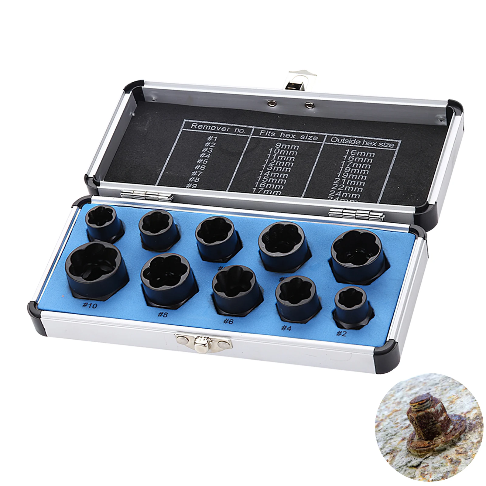 

10Pcs/Lot Damaged Bolt Nut Screw Remover Extractor Removal Set Threading Tools Kit for 9mm to 19mm Head Nuts Extractor Set