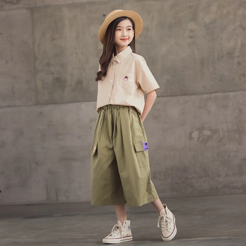 

10 to 12 years Girls Shirt Clothes Sets 2021 Summer Fashion Wide-leg Pants Teen Girls Suits