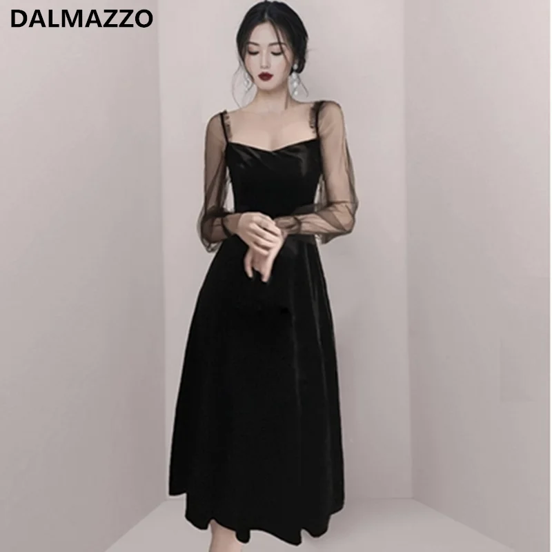 

DALMAZZO 2021 Spring Autumn Designer Vintage Women Square Collar Black Mesh Patchwork Sleeve Velvet Long Dress Vestidos Femme
