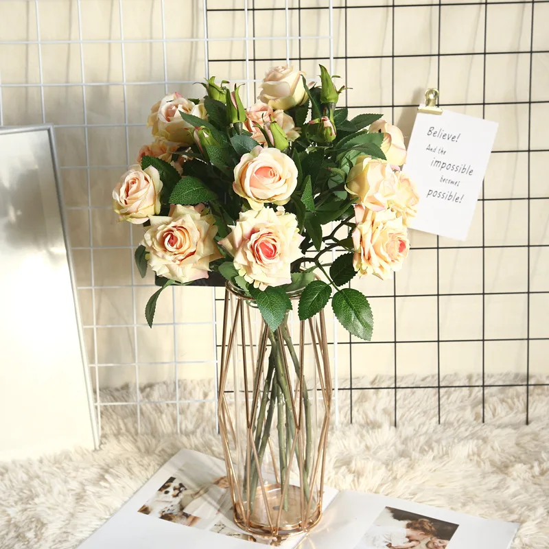 3 головки искусственных цветов длинный ствол свадебное украшение Шелковая Роза