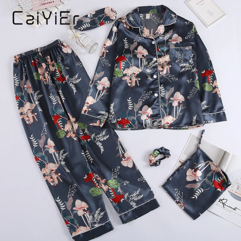 CAIYIER 7 Pcs Flower Silk Satin Pajamas Set Sexy Lingerie Sleepwear Suit Long Sleeve Top Elastic Waist Pants Women Robe Homewear