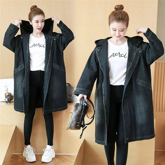 denim Плюс бархатная утепленная джинсовая куртка с капюшоном Осень Зима Новое свободное Женское пальто большие размеры средней длины хлопковые парки JIA440 - Цвет: denim