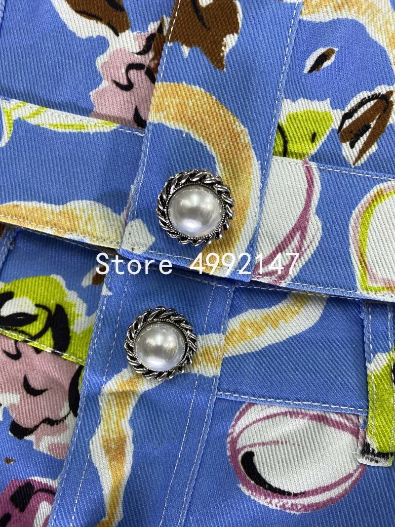 2021 summer women print blue skirt set pearl button o-neck sleeveless single breasted top + mini pencil skirt 2 pieces set y620