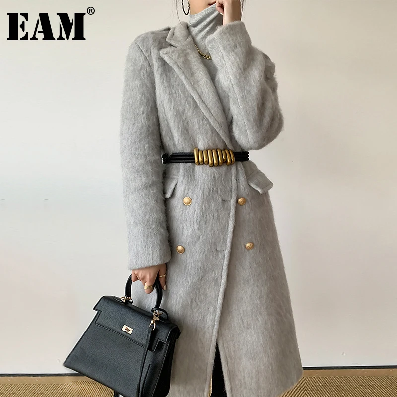 

[EAM] Loose Fit Double Breasted Gray Woolen Coat Parkas New Notched Collar Long Sleeve Women Fashion Autumn Winter 2021 1DD4063