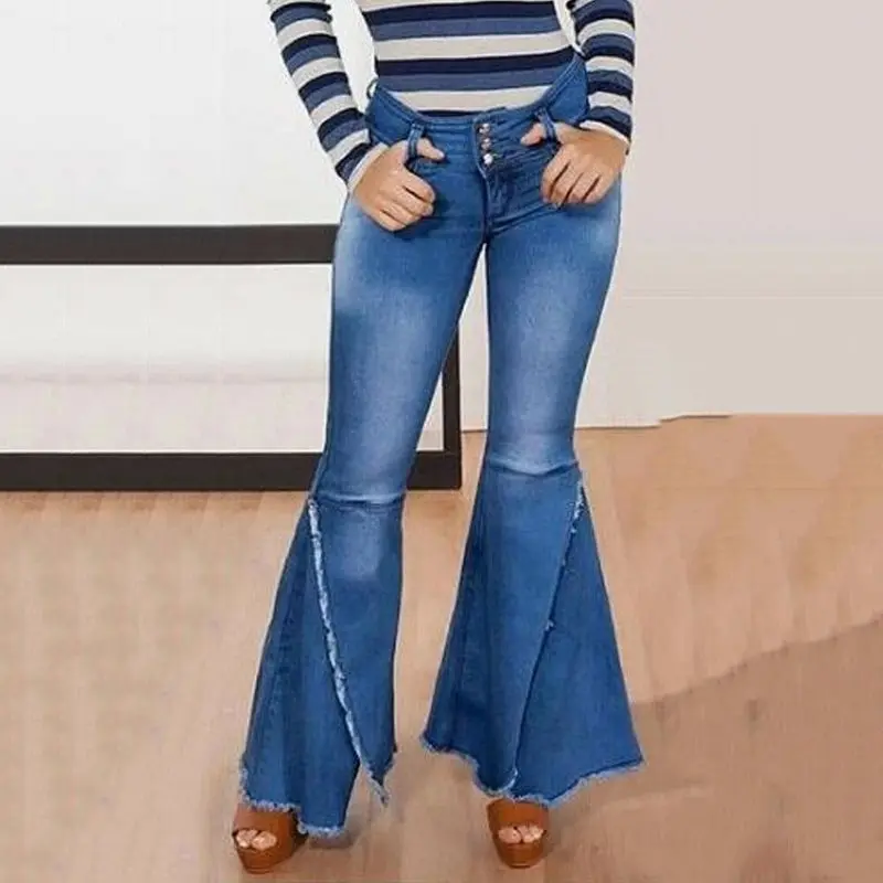 Женские джинсы с высокой талией расклешенные штаны винтажные синие брюки