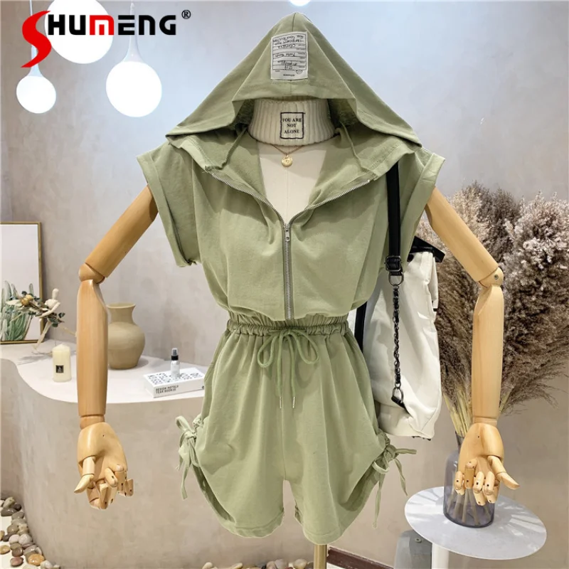 

Solid Color Romper Women Summer 2021 New Short Sleeve Jumpsuit Female Korean Hoodie Cinched Drawstring Shorts Rompers for Women