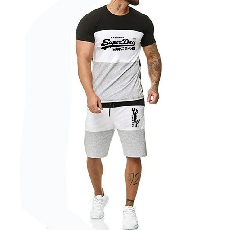 

2021 New Splicing Fashion Classic Men's Suit Fitness Jogging Fast Dry Summer Printed Shorts + T Shirt Men's Casual Wear