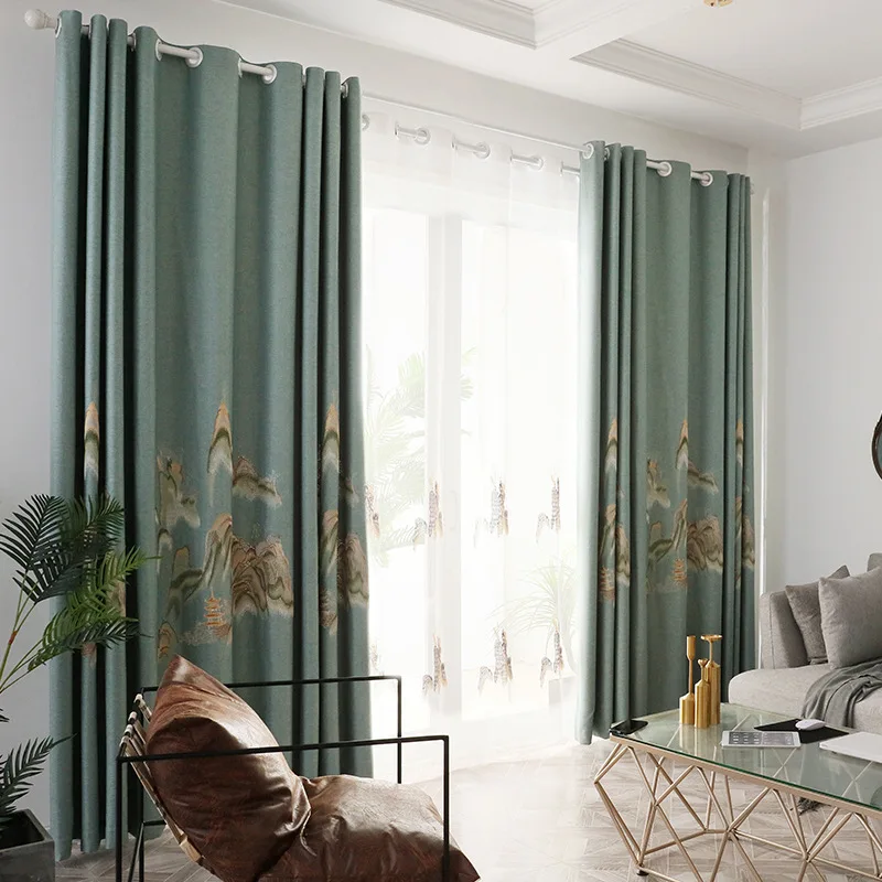 

New Chinese Landscape Curtains High-end Cord Embroidery Curtains for Living Room Bedroom Study Curtains for Home Decoration